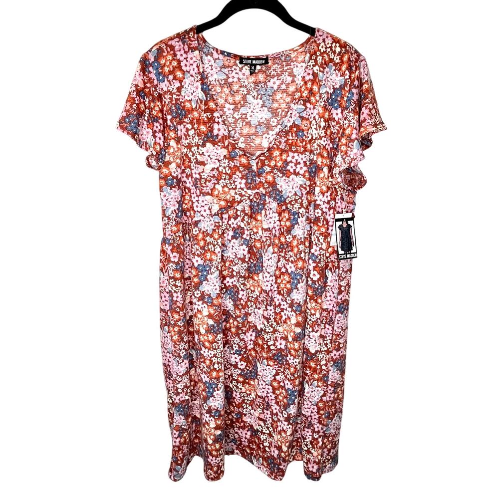 Steve Madden Burnt Coral Casual Sun Dress Dainty Floral Mini Short Dress Small